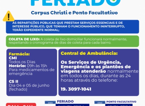 Ponto facultativo e feriado nacional nas repartições públicas municipais dias 04 e 05 de junho