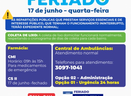 Feriado Municipal nas repartições públicas municipais dia 17 de junho