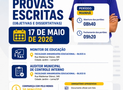 Prefeitura divulga locais e horários das provas do Concurso Público 001/2026