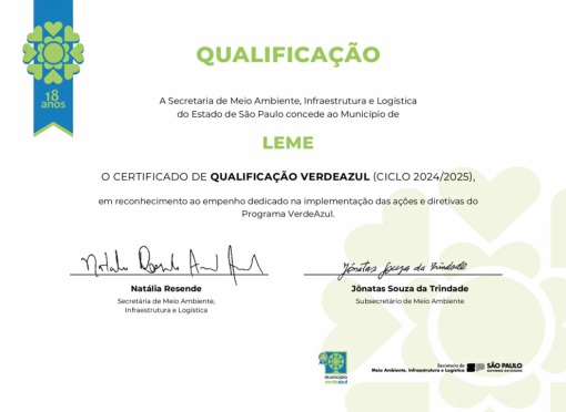 Leme recebe Certificado de Qualificação do Programa Município VerdeAzul
