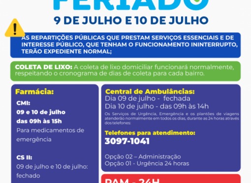 Feriado Estadual e Ponto Facultativo nas repartições públicas municipais nos dias 09 e 10 de julho