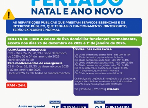 Pontos Facultativos dias 24, 26, 29, 30 e 31 de dezembro e 02 de janeiro