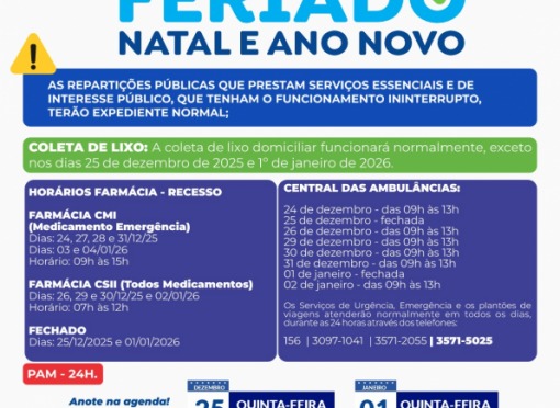 Pontos Facultativos dias 24, 26, 29, 30 e 31 de dezembro e 02 de janeiro