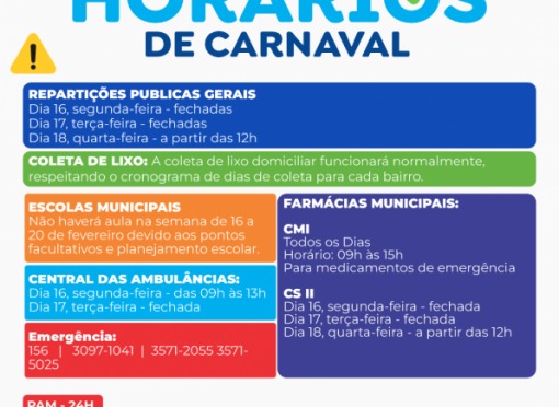 Ponto facultativo repartições públicas municipais dias 16 e 17 de fevereiro