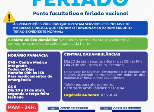 Ponto facultativo e feriado nacional nas repartições públicas municipais dias 20 e 21 de abril