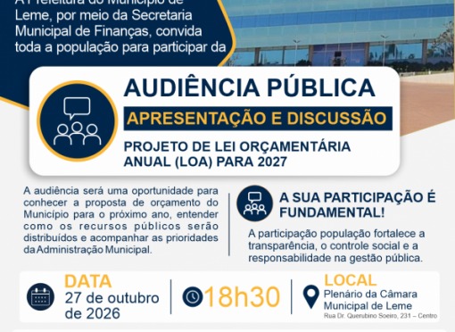 Secretaria de Finanças informa sobre Audiência Pública no dia 27 de outubro