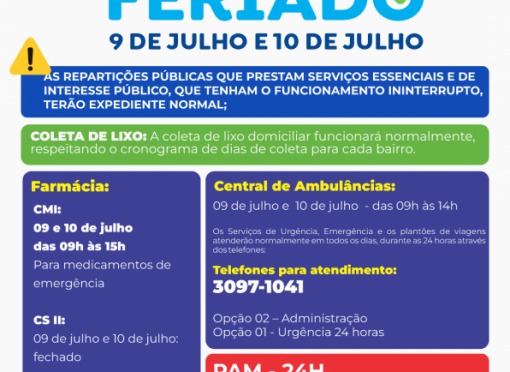 Feriado Estadual e Ponto Facultativo nas repartições públicas municipais nos dias 09 e 10 de julho