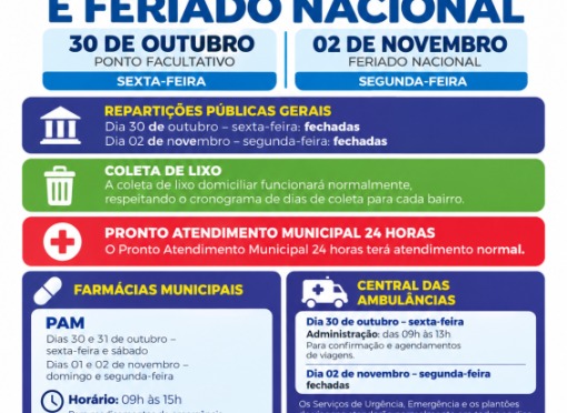 Ponto Facultativo e Feriado Nacional nas repartições públicas municipais nos dias 30 de outubro e 02 de Novembro