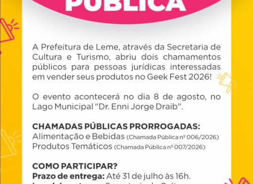 Secretaria de Cultura e Turismo prorroga prazo de inscrições para chamamentos públicos do Geek Fest 2026
