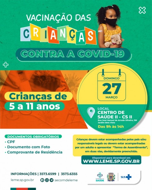 VACINAÇÃO DE CRIANÇAS - 5 A 11 ANOS - DOMINGO - 27/03 VACINAÇÃO DE CRIANÇAS - 5 A 11 ANOS - DOMINGO - 27/03